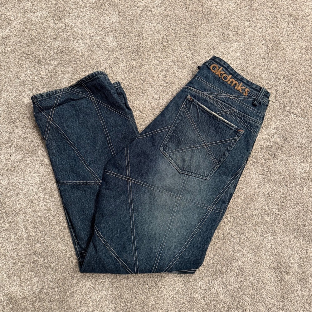 Y2K Akademiks Vintage Geometric Cross Stitch Denim Jeans Medium Wash 34 x 32
